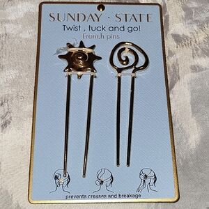 SUNDAY STATE Gold Twist French Hair Pins - Set of 2 Sunburst And Swirl Brand New